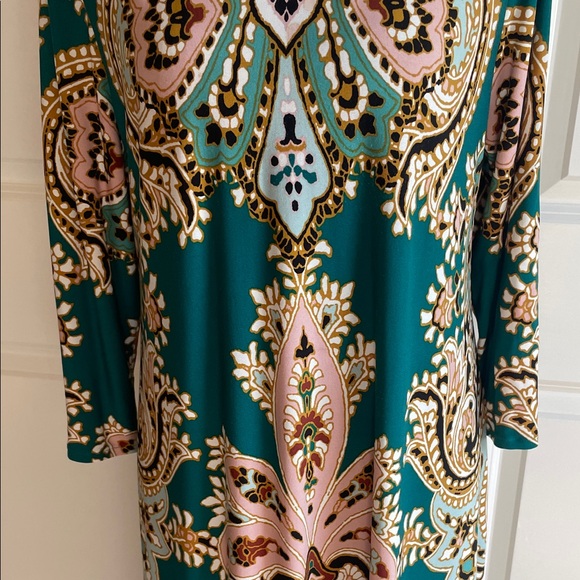 Chico’s Teal V-Neck Midi Dress - Elegant Patterned Size 1 (8-10) - Picture 3 of 7